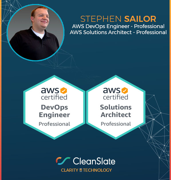 CleanSlate_TG's tweet image. Congrats to Stephen Sailor for achieving not one, but TWO AWS certifications! We&apos;re very proud of these achievements and thankful for your leadership on our team. #kudos #awsdevops #awssolutionsarchitect #cstg