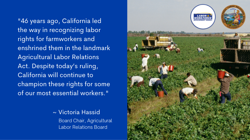 The California Agricultural Labor Relations Board issued a statement following the U.S. Supreme Court’s ruling on Cedar Point Nursery v. Hassid. For the full press release, visit ow.ly/WKmh50FhSUB