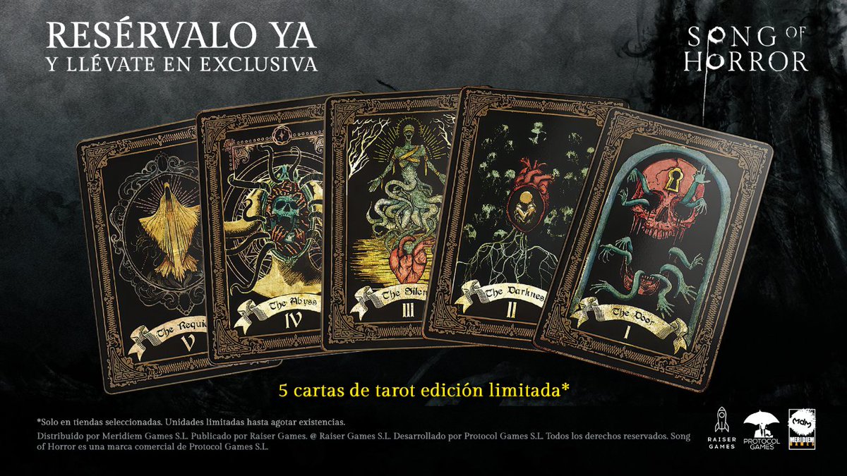 MeridiemGames's tweet photo. Reserva #SongOfHorror y llévate un exclusivo set de cartas del tarot inspiradas en el juego.

La puerta, La oscuridad, El silencio, El abismo y El requiem... ¿Te atreves? 

Puedes Reservar ahora mismo en @VideojuegosGAME ➡️ https://t.co/JAJAUZVQXo

+INFO https://t.co/mdfC8x0ZiH https://t.co/bUqjJ04u5k
