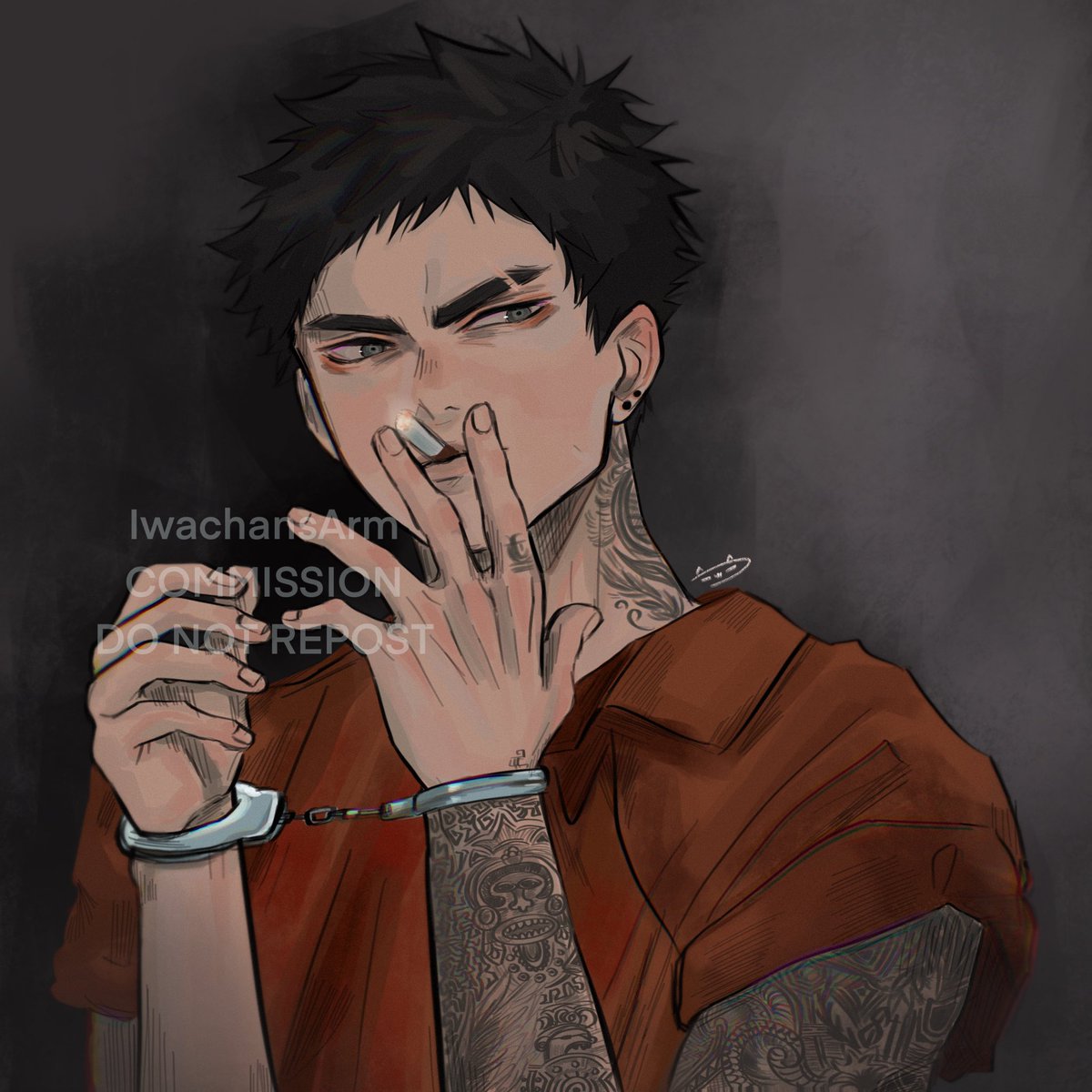 1boy tattoo male focus handcuffs solo black hair cuffs  illustration images