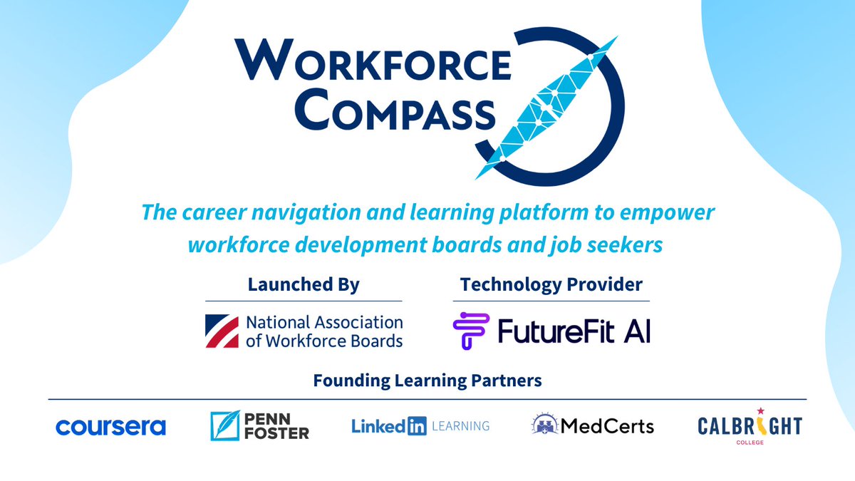 Thrilled to partner with @WorkforceInvest to launch #WorkforceCompass!

Excited to support workforce boards in equipping job seekers across the country with the skills to succeed in the #FutureOfWork

@coursera, @pennfoster, @li_learning, @med_certs, @gocalbright @FutureFitAI