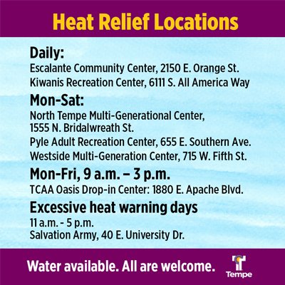 Heats cranking up! Check out some local heat relief locations. <a href="/Tempegov/">City of Tempe, AZ</a>