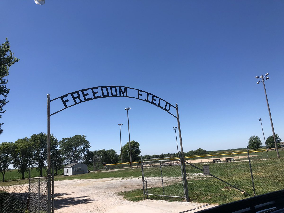 SuitUpVarsity's tweet photo. No sign of Daykin Hawks red anywhere but I love the Freedom Field sign at the ball field. And, it’s a town that obviously takes its sand volleyball seriously! I wondered if there was just enough room south of the school for six-man football? https://t.co/S8vTCrl8vR