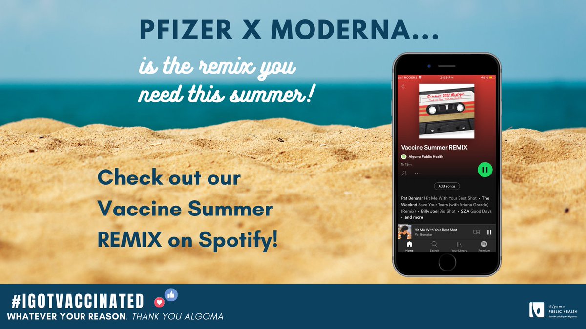 AlgomaHealth's tweet photo. To give yourself the best possible summer, the Pfizer x Moderna remix is what you need to protect yourself from COVID-19.
Alongside Pfizer x Moderna, our Vaccine Summer REMIX is available for you to download. Check it out on Spotify! #SecondDoseSummer
https://t.co/KX3IPX3EFM https://t.co/P7I9zXlCjY