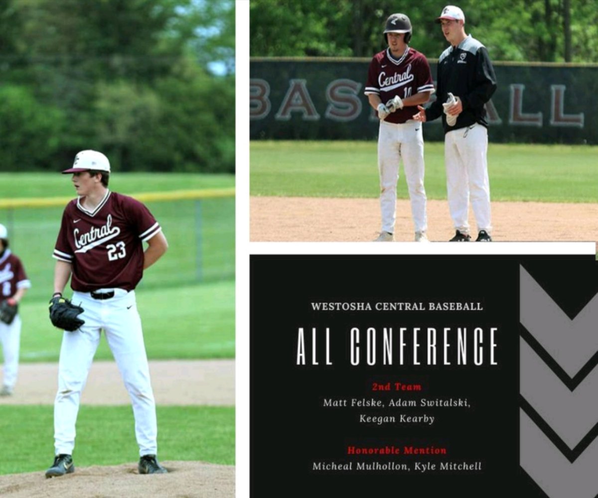 Congratulations to the following Westosha Central Baseball players who were recognized as all conference. 
2nd Team All Conference: 
Matt Felski #22, Adam Switalski #5, Keegan Kearby #8 Honorable Mention:  Michael Mulhollon  #23, Kyle Mittchell #10