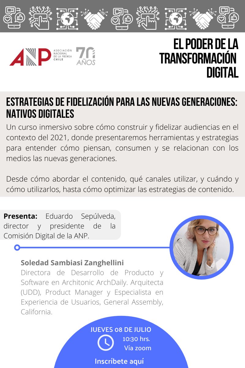 Estrategias de fidelización para las nuevas generaciones: nativos digitales - Soledad Sambiasi.
Jueves 08 de julio a las 10:30 hrs. vía zoom. Inscríbete aquí:
forms.gle/Up3JWqFGUgxaxZ…
