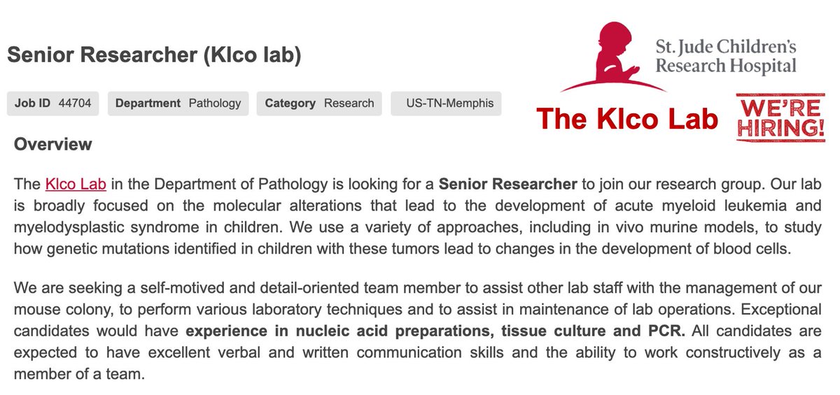 Our lab is hiring THREE staff positions: 1) Scientist (PhD + >3years), 2) Lead Researcher (PhD preferred), and 3) Sr. Researcher (MS preferred). These are exciting opportunities to work in a productive and collaborative research environment <a href="/StJudeResearch/">St. Jude Research</a>  #KlcoLab Please share!