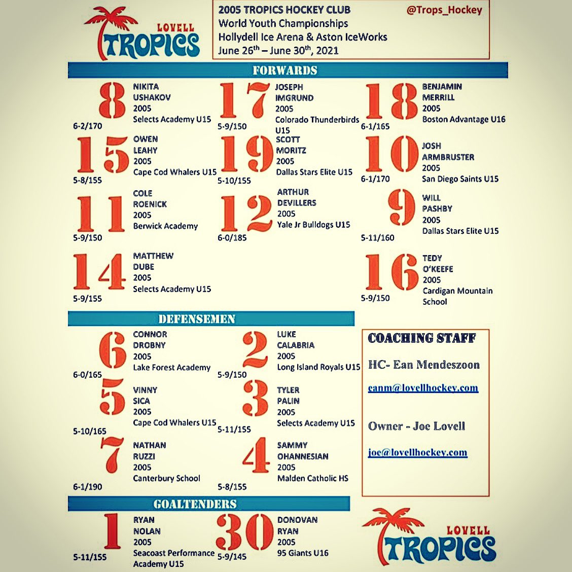 Ean_Mendeszoon's tweet image. Excited to release our 2005 @Trops_Hockey line chart for the World Youth Championships down in Philly this weekend. Looking forward to a great week of hockey with these guys! #RollTrops #WYCPhilly