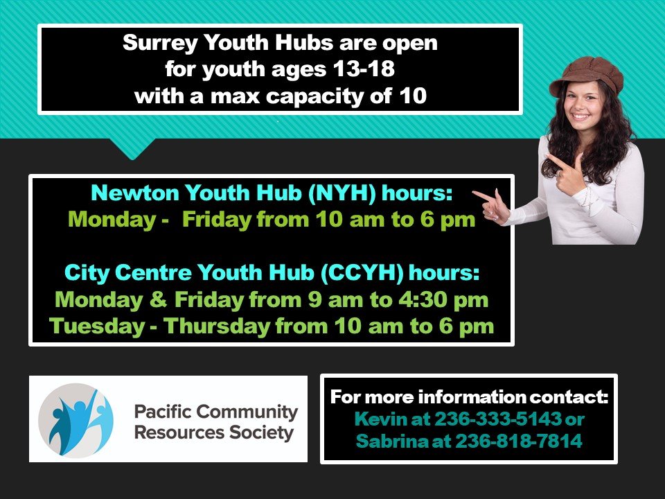 Surrey Youth Hubs are now open - Contact Kevin at 236-333-5143 or Sabrina at 236-818-7814 for more info.