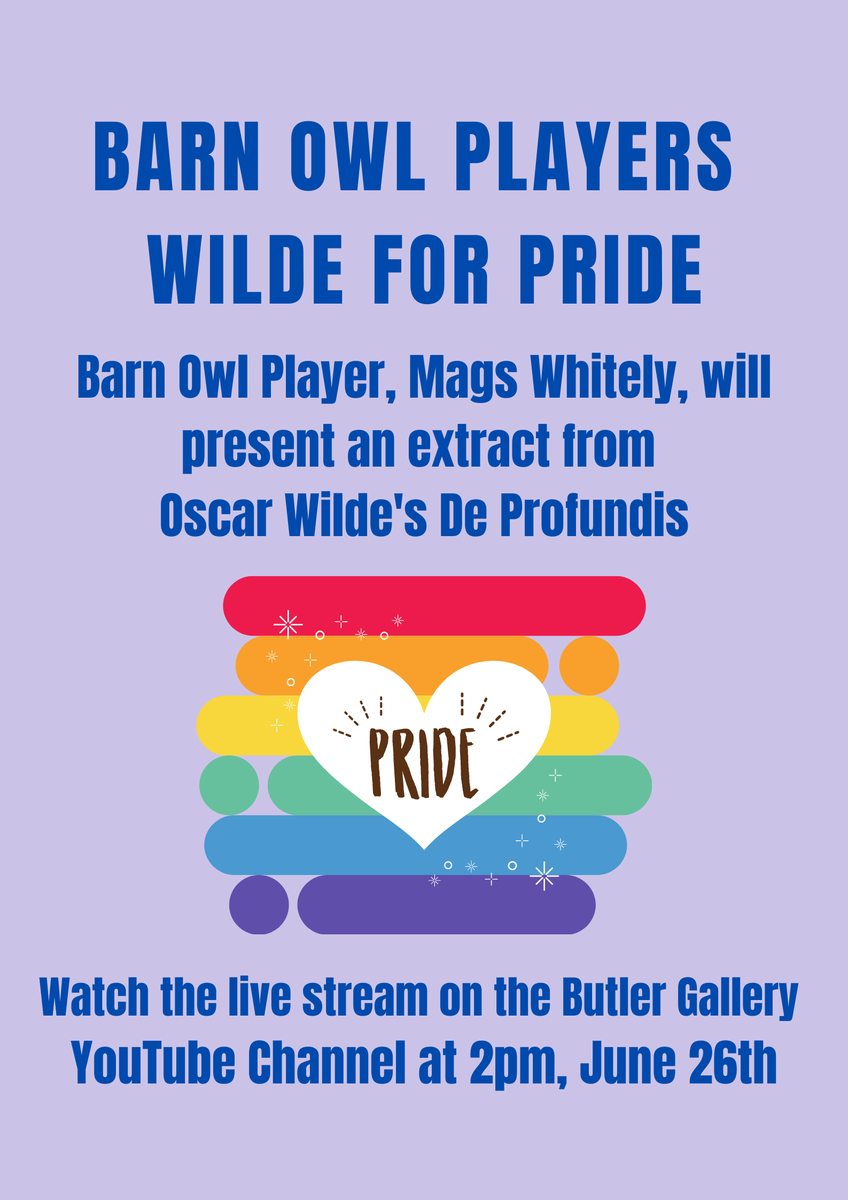 barnowlprodKK's tweet photo. We are proud to support Pride #Kilkenny &amp; show our allyship with the LGBTQ+ community. BOP Mags Whitely will present an extract from Oscar Wilde's De Profundis in conjunction with the @butlergallery #Pride Saturday, June 26th. Watch the live stream Butler's YouTube channel, 2pm. https://t.co/VuwgSpH2tm