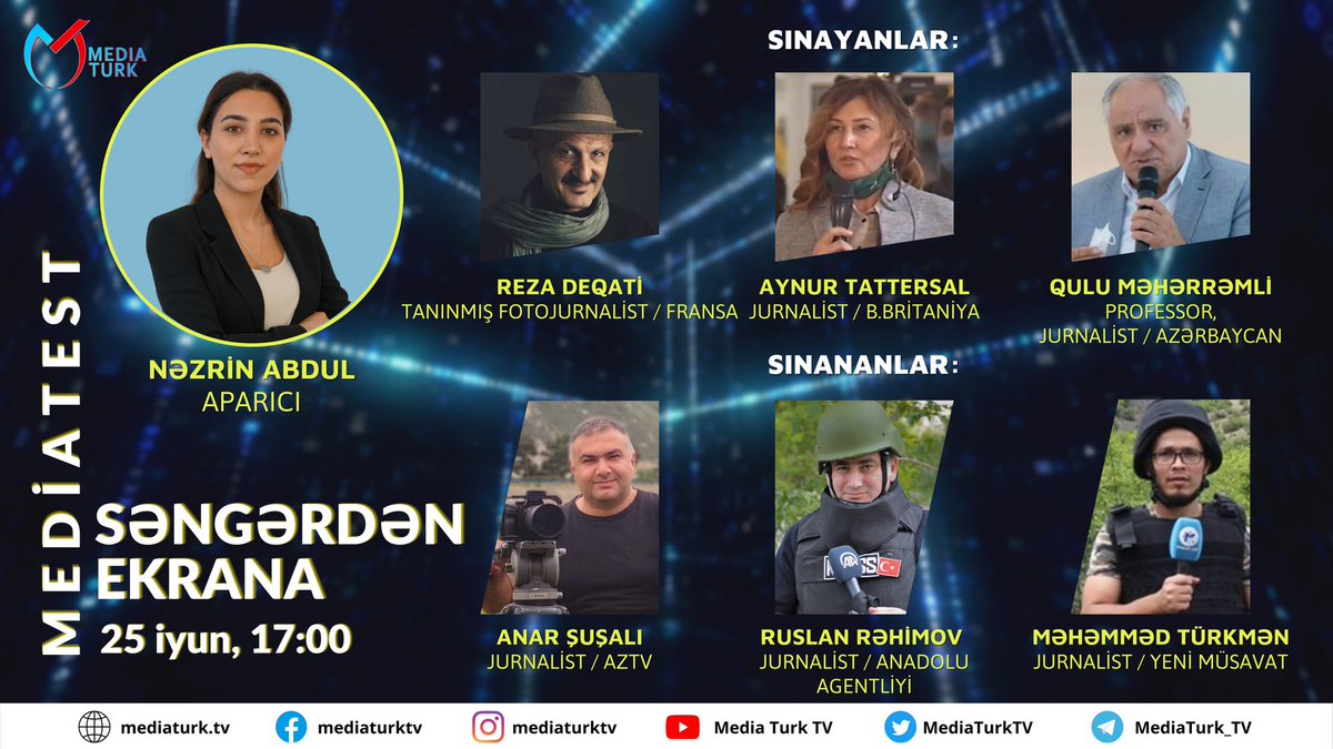 MediaTurkTV's tweet photo. 📺Teleməkanın yeni layihəsi - Mediatest !
Sınayanlar sınananları sınayacaq😎
Mövzu: Səngərdən ekrana
#mediatest #mediaturktv #türkdünyası #Turkey https://t.co/oZYVy20hkh