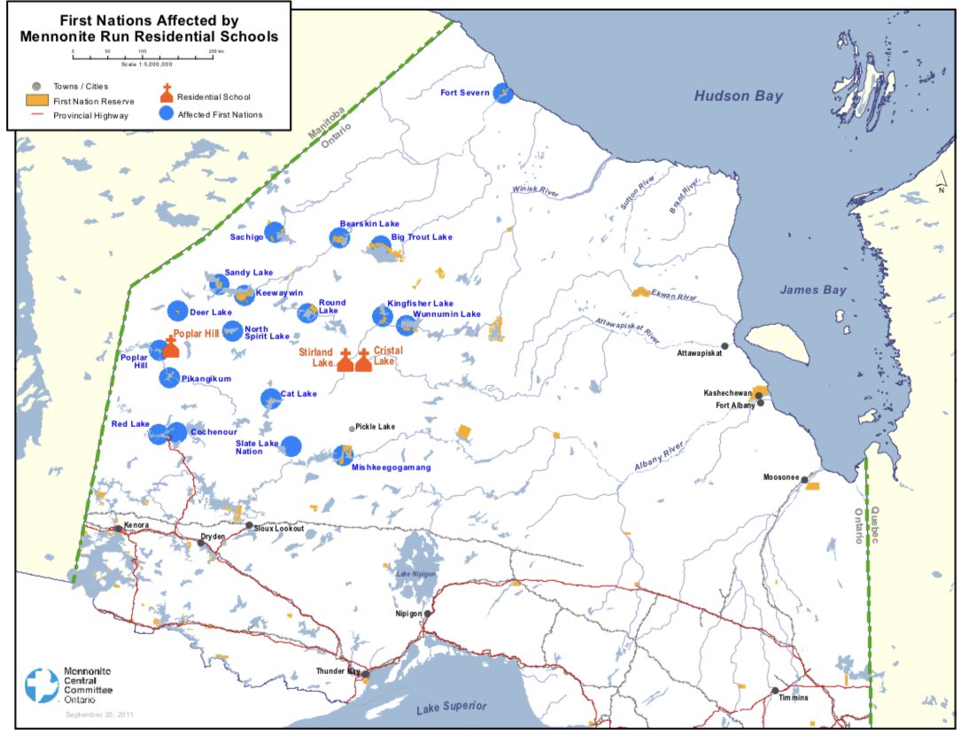 AlexanderGlista's tweet photo. We must hold all religious groups accountable for their involvement in Canada’s Indigenous genocide. I’ll start with mine. Here is a map of Mennonite-run #residentialschools. Please take the time to learn about how the institutions close to you may have participated. https://t.co/yjUZ5A7vxM