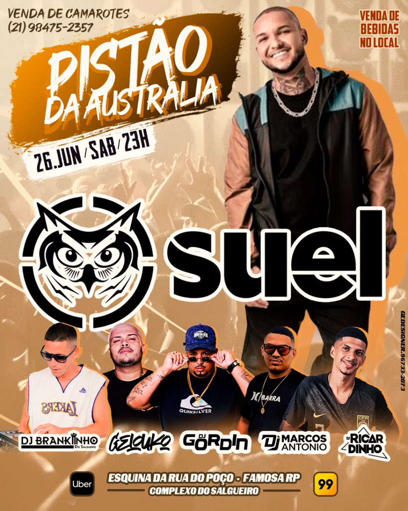 Sabadão temmm <a href="/OficialSuel/">SUEL 🦉🌙</a> no pistão da Austrália 🍻💃🇦🇺🔊

<a href="/DjBrankiinho/">BRANKIINHO DJ 🥳🥳</a> ✅
<a href="/geloukodj/">GELOUKO DJ ⚫️⚪️⭐️🔥</a> ✅
<a href="/DejayGordinSgr/">DJ GORDIN DO SALGUEIRO</a> ✅
<a href="/maarcoosantonio/">DJ Marcos Antonio🚩👑</a> ✅

Convoca as amigas que sabadão é tudo pela terrinha do G8 🍻💃🇦🇺🔊

@Bailedasiria02 pic.x.com/2iZm6p3us2