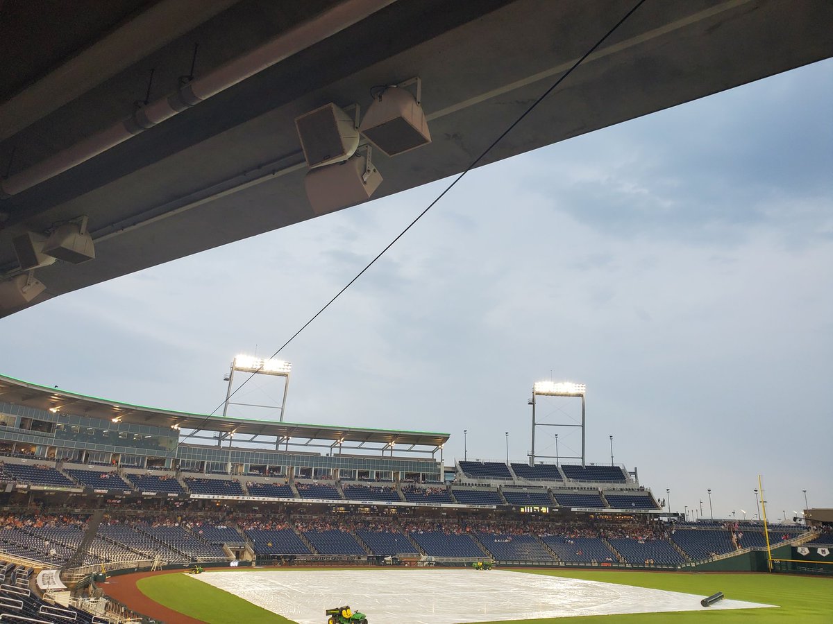 Can you help with this weather delay in Omaha, NE <a href="/ChuckFnStrong/">Charlie’s Angel</a> ? Waiting on Texas vs Virginia to get going