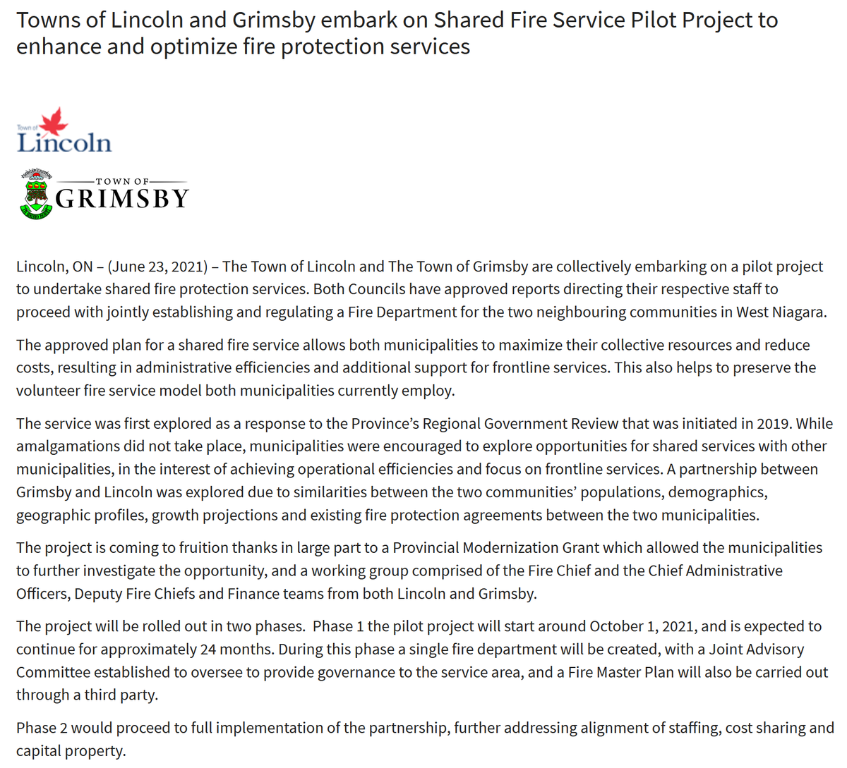 Media371's tweet photo. .@TownofLincolnON and @TownofGrimsby embark on Shared Fire Service Pilot Project to enhance and optimize fire protection services. https://t.co/m5XtVcWOAY