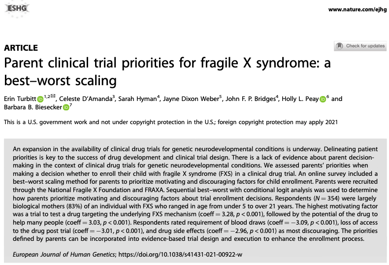 erin_turbitt's tweet photo. In our work of parents’ clinical trial priorities for #FragileX we found that these parents are altruistic, prioritising benefits to the community above individual benefit. Published today in @ejhg_journal #RareDisease #genomics #ethics Read more here: https://t.co/pVsggrTQTb https://t.co/UQc2PZcqv7