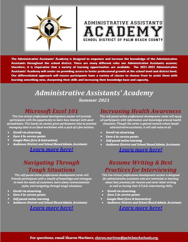 carlene_millen's tweet photo. Summer 2021 Administrative Assistants Academy
Register via eLearning
#TopTalentGrowsHere #LearningLeadingAndGrowingTogether https://t.co/rzXYQS6cRc