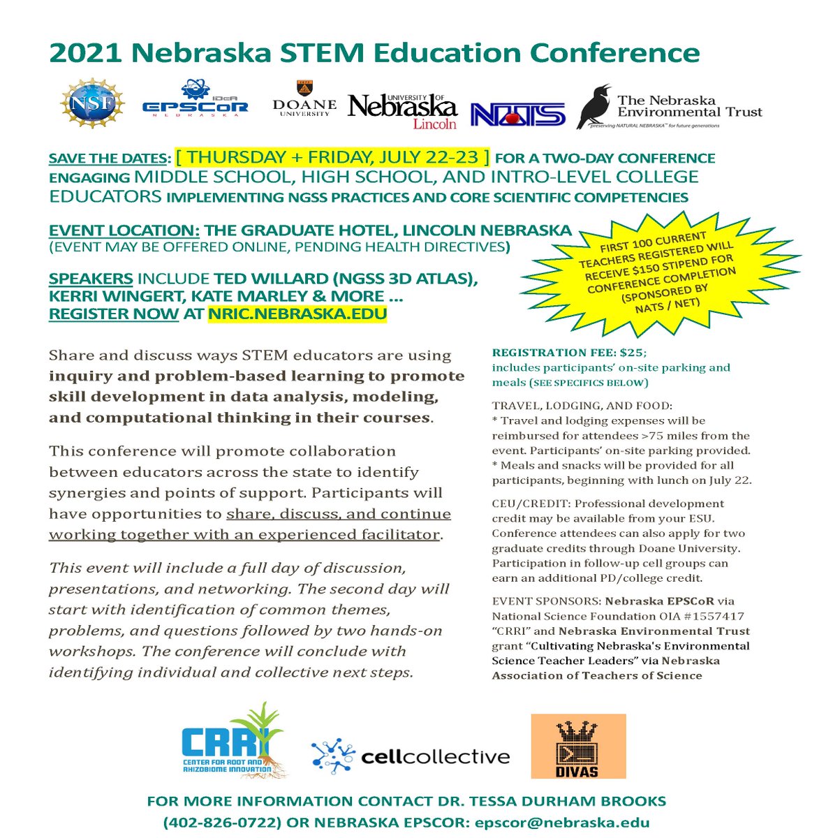 #NebSci: refresh here for new school year!
Nebraska #STEM Educ Conf, July 22-23 in #LNK

MS/HS/Undergrad teachers gain #NGSS 3D Atlas,  inquiry &amp; problem-based examples for data analysis+modeling+computational thinking 

RegDL=7/8
nric.nebraska.edu
$tipends still available