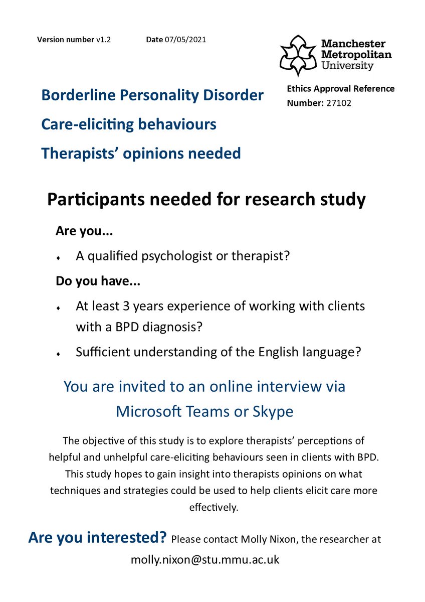 Molly_Nixon92's tweet image. Looking for psychologists and therapists to participate in my MSc dissertation research project. Hoping to help individuals diagnosed with BPD. Please retweet! Thank you in advance! @BPDAssociation @imhavic @Psychologists4F @ICPN_UK @lonpsychnet @Therapists_C @ContemPsych @_HACP