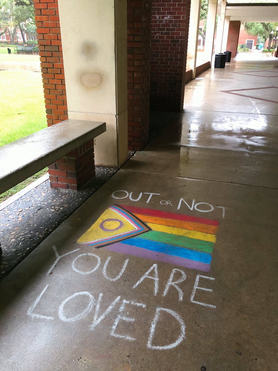 UFLibraryWest's tweet photo. We love this chalk art right in front of our building! 🏳️‍🌈 A bright message for a rainy day ✨🌧 https://t.co/qn8JJtww8C