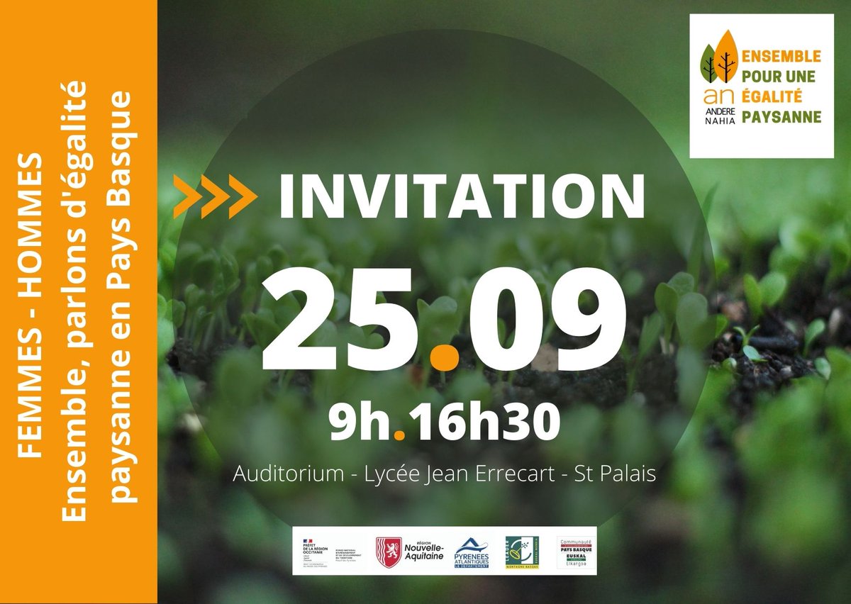 A vos agendas ! Après un premier report contraint, on se retrouve le 25 septembre pour parler d'égalité paysanne en Pays Basque ! 😀😎👩‍🌾👩‍🌾👩‍🌾👩‍🌾🌞