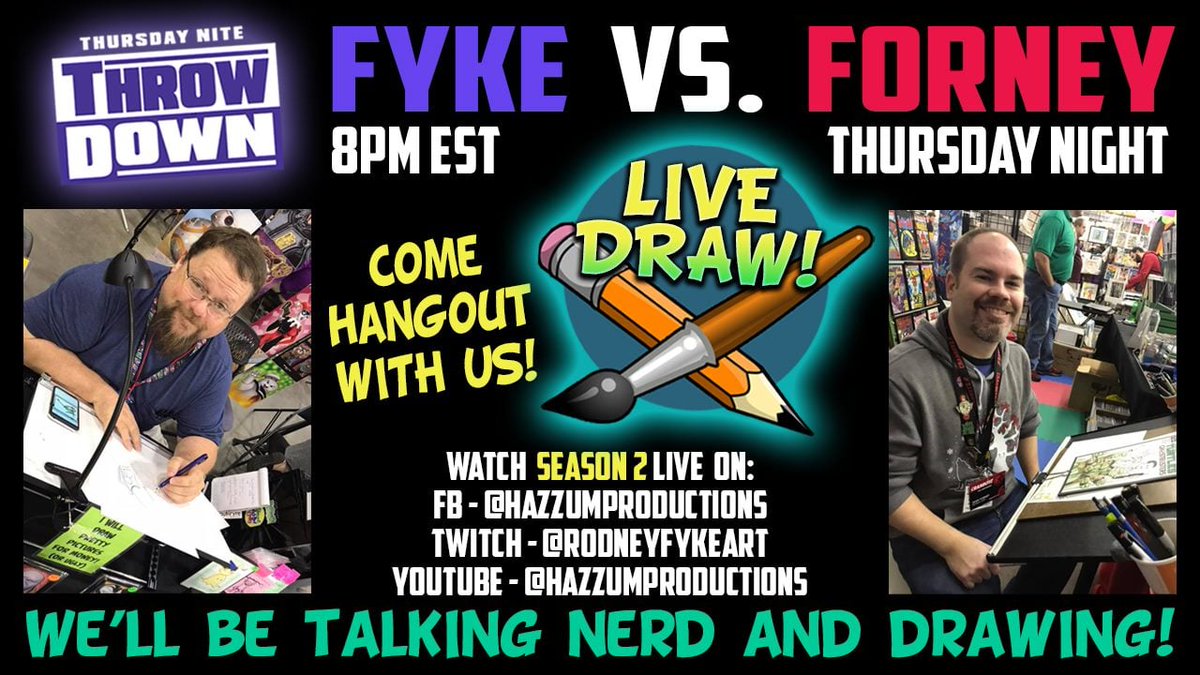 AmandaGPresents's tweet photo. Friends &amp; sponsors of AGP, @rodneyfyke &amp; @SeanForneyArt, will be LIVE tonight (6/24) at 8pm EST w/another #ThursdayNiteThrowDown!

Watch on #Facebook: https://t.co/iVEbdZFoCW
#Twitch: https://t.co/yifCLJpbq3
and #YouTube: https://t.co/j9VfTPKBsT

#creators #artists #comics https://t.co/XZNZTt3Ljr
