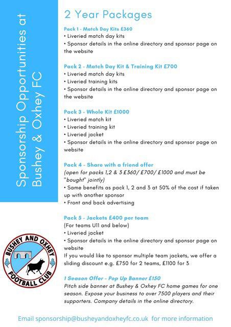 ⭐️⭐️Sponsorship Opportunity⭐️⭐️

We have upward of 270 players and 22 teams playing in the West Herts Youth League. 

We welcome over 7500 players to our grounds each season along with all their supporters.

See our sponsorship opportunities here busheyandoxheyfc.co.uk/sponsorship-op…