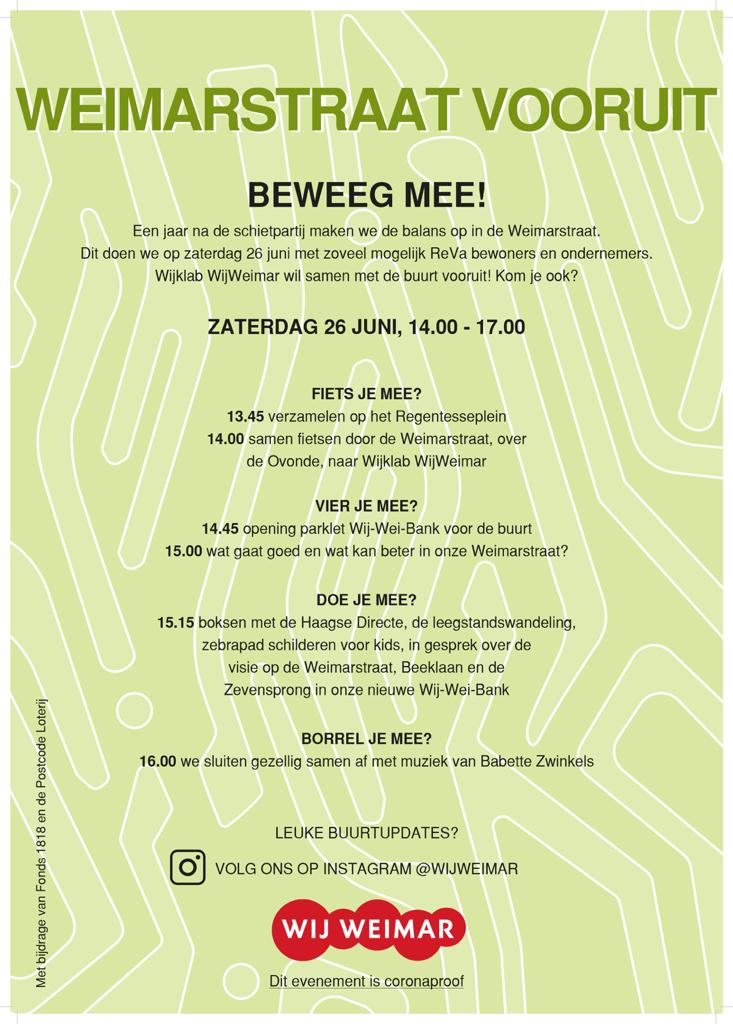 De Weimarstraat Vooruit. Woon je in de buurt van de Haagse Weimarstraat en wil je ook graag dat het weer het gezellige hart van de wijk wordt? Kom dan zaterdag gezellig buurten. <a href="/wijweimar/">WijWeimar</a> <a href="/GemeenteDenHaag/">Gemeente Den Haag</a> <a href="/debatmobiel/">Debatmobiel</a> <a href="/SD_Segbroek/">Stadsdeel Segbroek</a>