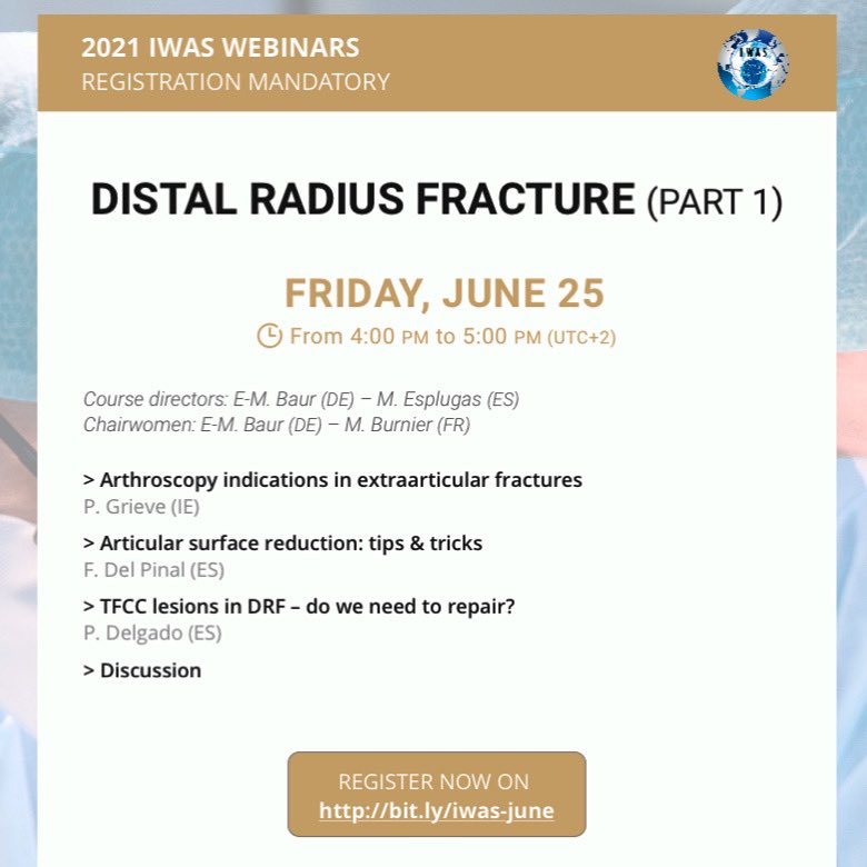 drpedrojdelgado's tweet photo. Tomorrow June 25th at IWAS webinar about distal radius fractures, with @drfpinal and Phil Grieve.
Unmissable ... stay connected!
#drf #distalradiusfracture #wristarthroscopy #tfcctear #druj
#iwas @EWASgroup https://t.co/TEu5BU657W