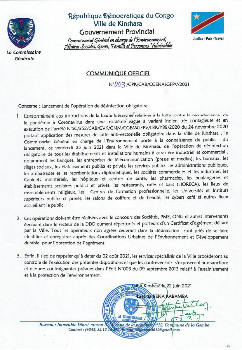 BolombeloYves's tweet photo. Communiqué relatif à l'opération de désinfection obligatoire dans la Ville de Kinshasa des établissements et installations humains...
Mesure prise par Mme la Commissaire Générale, Laetitia BENA KABAMBA. https://t.co/67RYtz2bw3