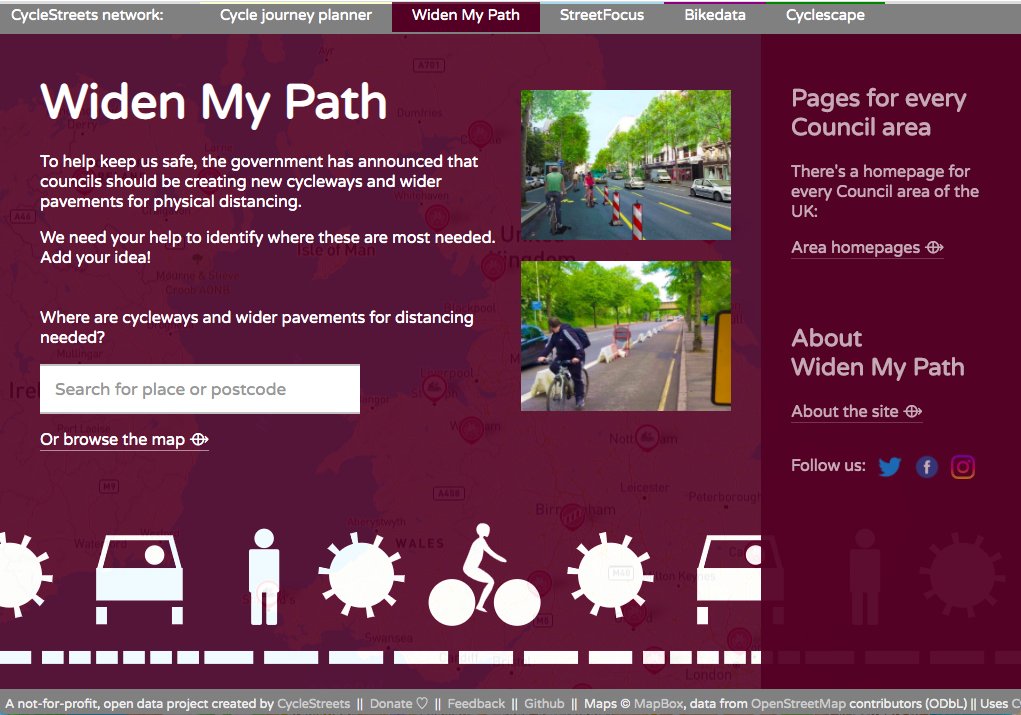 Widen My Path (@widenmypath) on Twitter photo Thank you enormously to <a href="/Mapbox/">Mapbox</a>, who have generously waived the map tile hosting fees for <a href="/widenmypath/">Widen My Path</a>.
Where are new cycleways and wider pavements for physical distancing are needed?
Read more at: cyclestreets.org/sites/widenmyp… Thank you enormously to <a href="/Mapbox/">Mapbox</a>, who have generously waived the map tile hosting fees for <a href="/widenmypath/">Widen My Path</a>.
Where are new cycleways and wider pavements for physical distancing are needed?
Read more at: cyclestreets.org/sites/widenmyp…