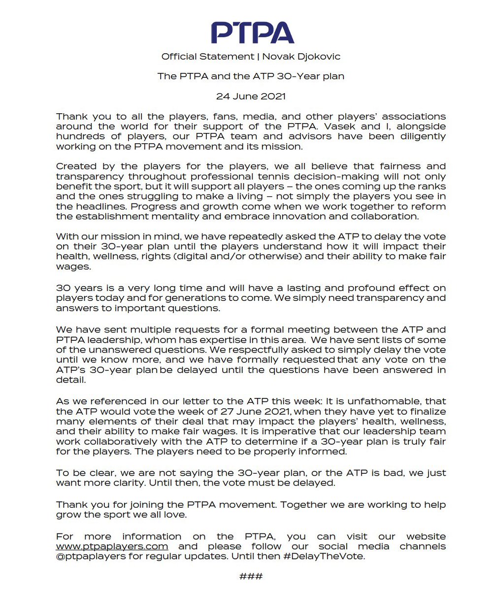 Novak Djokovic (@djokernole) on Twitter photo Thank you for all the supportive messages for <a href="/ptpaplayers/">Professional Tennis Players Association</a>. We’re trying to ask the right questions 🙏🏼 How will the ATP’s 30 year plan affect us all? #DelayTheVote #PTPA Thank you for all the supportive messages for <a href="/ptpaplayers/">Professional Tennis Players Association</a>. We’re trying to ask the right questions 🙏🏼 How will the ATP’s 30 year plan affect us all? #DelayTheVote #PTPA