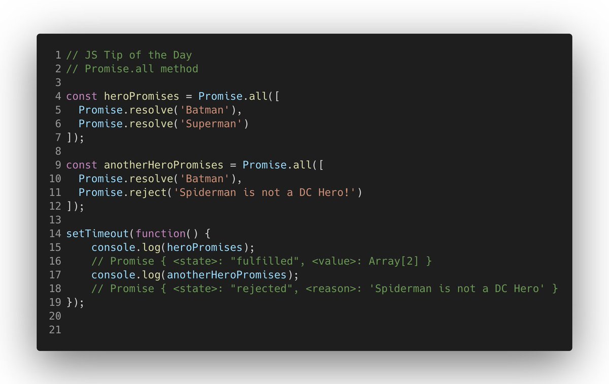 FrancescoSciuti's tweet photo. 💡JS Tip of the day 💡- 📅 Day 104
Promise.all method to manage multiple promises
Read all tips @ https://t.co/lUa0SscwUV
#JStipoftheday #devmy #jstips #js https://t.co/QuF5GfEJRK