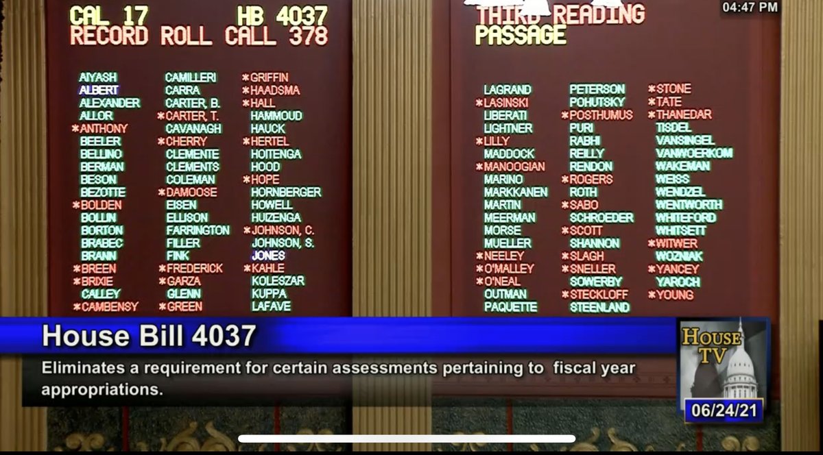 massp's tweet image. First bill passes! HB 4037 passes the House on an 72-31 vote. HB 4038 is up next! If your legislator is green in this pic, call them to say thanks! If they’re red, you might want to ask them why they voted against reducing state testing time by 3 hrs. #miched