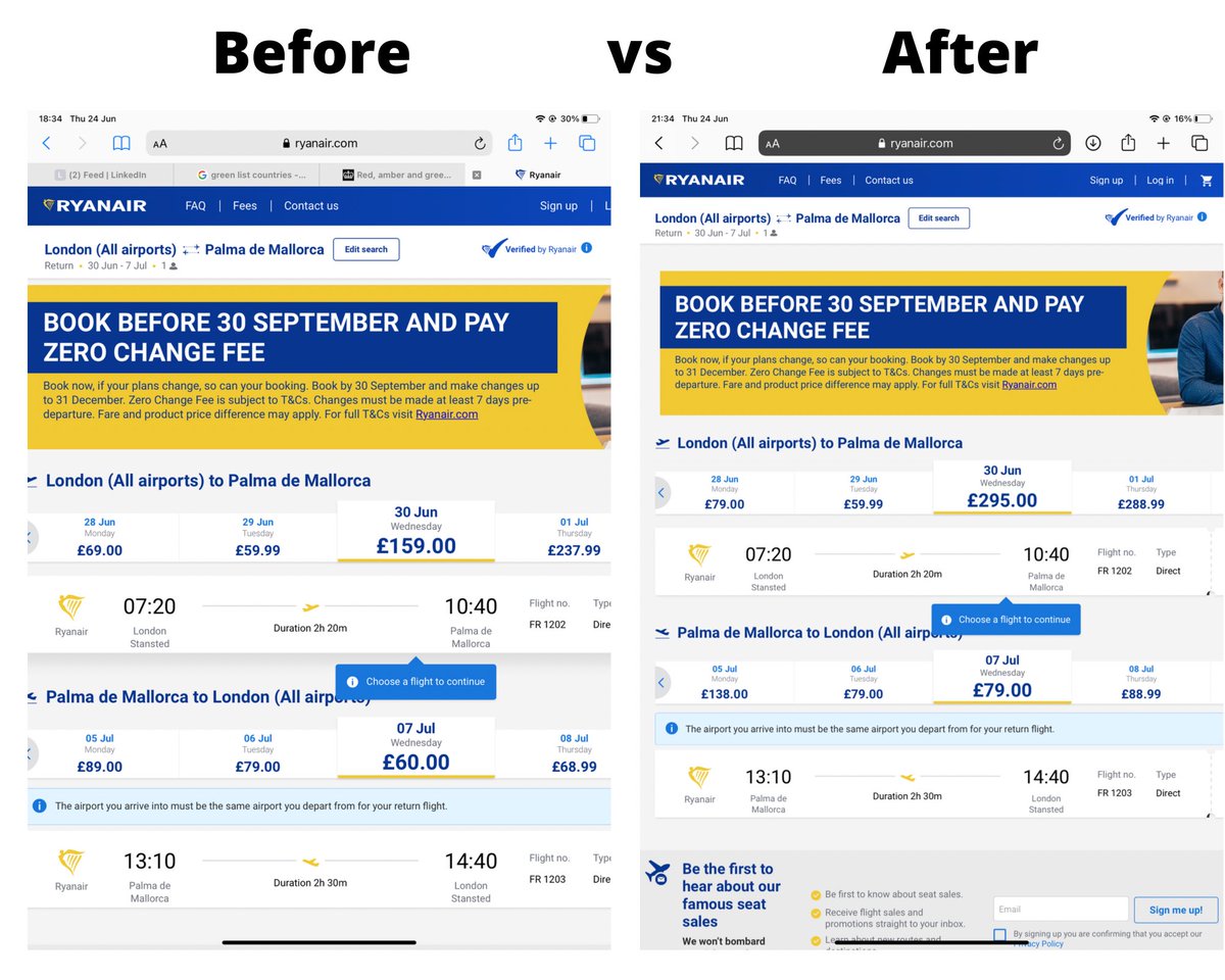 AviationAPB's tweet photo. Flight prices:

Before the updated green list country announcement vs after - Ryanair price comparison 

Malta✅
Ibiza✅
Palma De Mallorca✅ https://t.co/ZEmfYPdk39