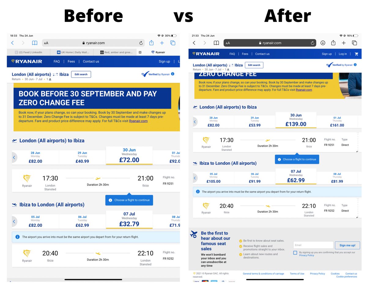 Flight prices:

Before the updated green list country announcement vs after - Ryanair price comparison 

Malta✅
Ibiza✅
Palma De Mallorca✅