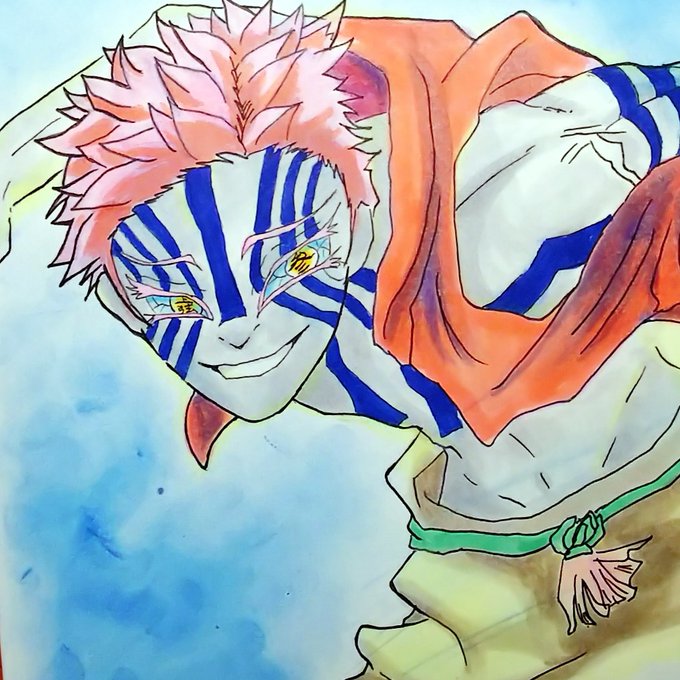 まーすさんがTwitterに投稿した猗窩座(鬼滅の刃)のイラスト。