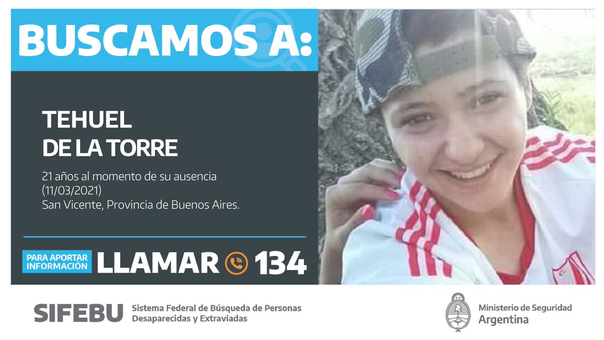 🚨 Buscamos a Tehuel De la Torre, de 21 años de edad al momento de su ausencia, visto por última vez el 11/03/2021 en San Vicente, PBA. 

Si tenés información sobre su paradero o podés aportar algún dato, comunicate al 134  📞

#SanVicente
#PBA
#ProvinciaDeBuenosAires