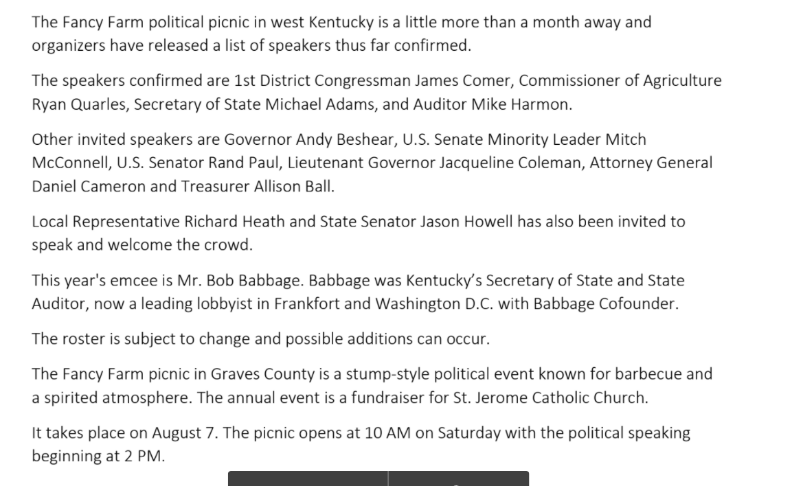 BGPolitics's tweet photo. Speakers being confirmed for Fancy Farm 141 ^JB https://t.co/o19RQVchit