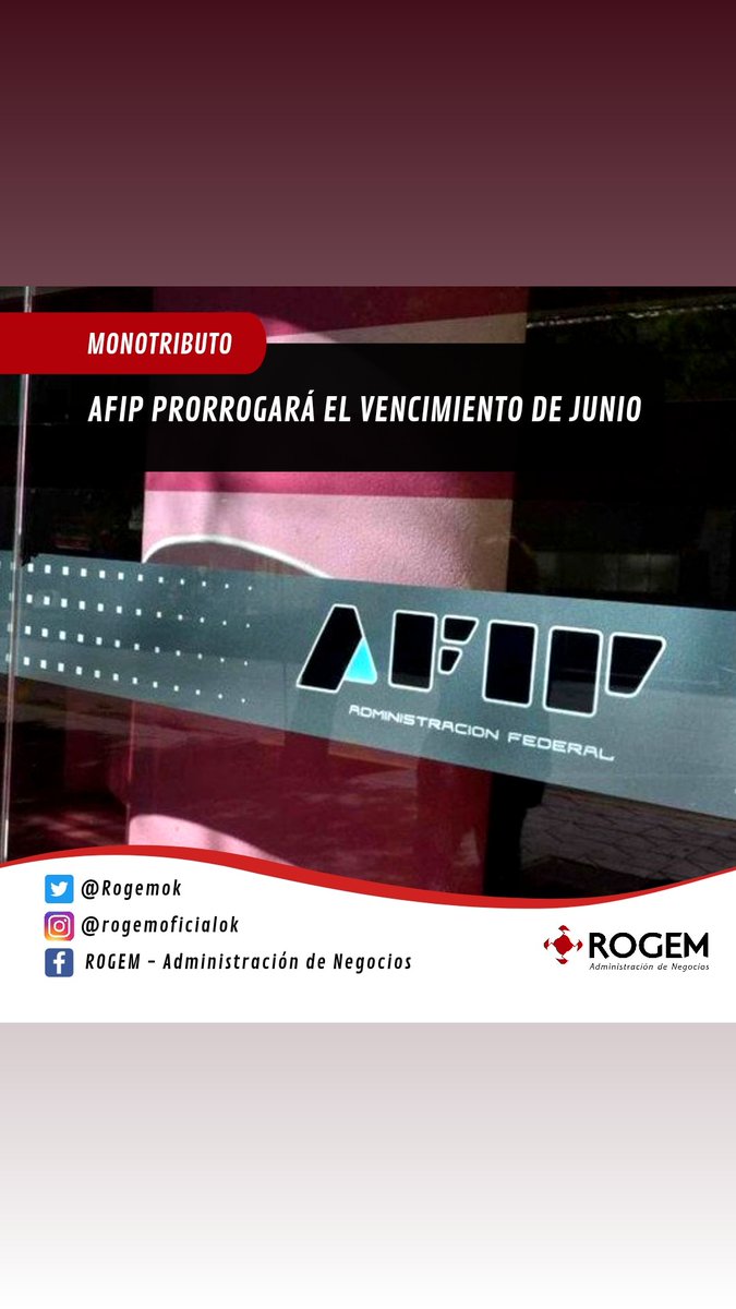 Rogemok's tweet photo. 📍La AFIP prorrogará hasta el 5 de agosto la fecha de vencimiento de la cuota de monotributo prevista para este viernes 25/6/2021, con el objetivo de garantizar que los pequeños contribuyentes puedan pagar sus obligaciones con los valores (Sigue) https://t.co/ov2ihAziCJ