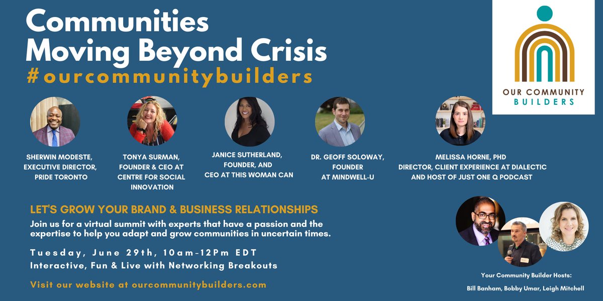 "Communities Moving Beyond Crisis" -a FREE Virtual Summit

Join us June 29, 10am EDT, and register free to get the replay. Check out our awesome speakers too. 

LINK: eventbrite.ca/e/communities-…

#community #WorkFromHome #NGO