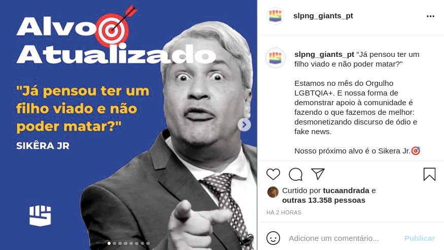 Hoje tivemos uma postagem deletada do instagram por conter discurso de ódio. Motivo: Reproduzimos uma fala do Sikera Jr. Pelo visto, não estávamos errados em nossa denúncia. 

A postagem já voltou ao ar.