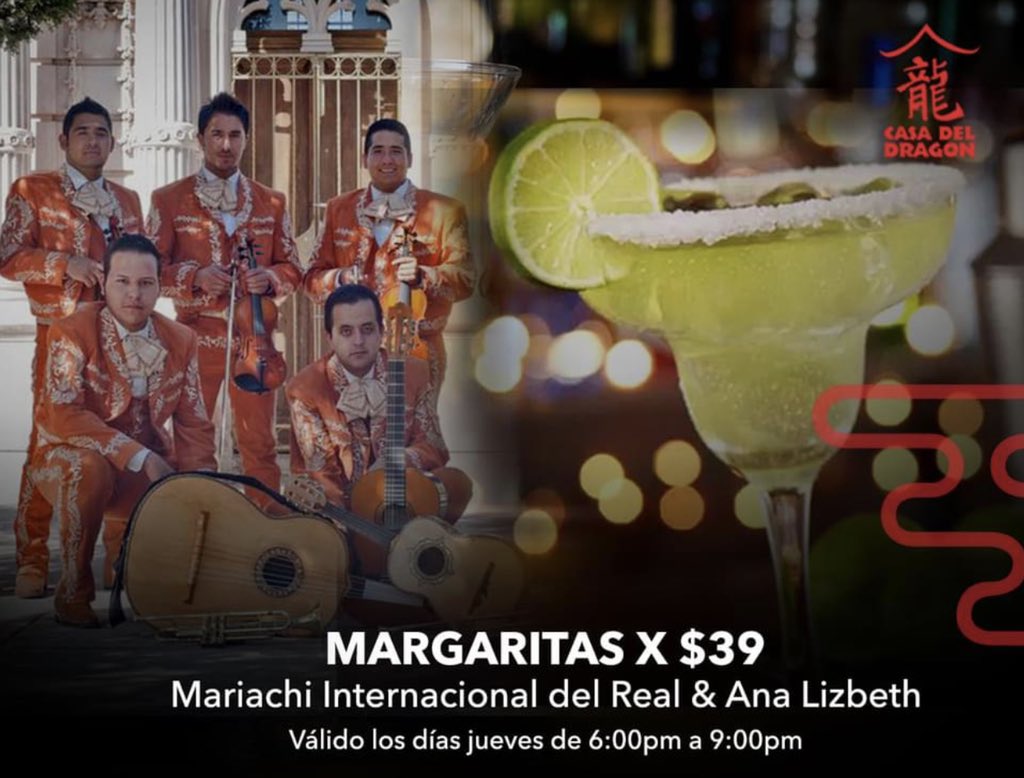 Para los días pesados tenemos el #JUEVESdeMARIACHI!  disfruta de Margaritas x solo $39, la bella voz de Ana Lizbeth y el Mariachi Internacional Del Real💃🍸

Asegura tu lugar al 614 4231201🎻🎺
