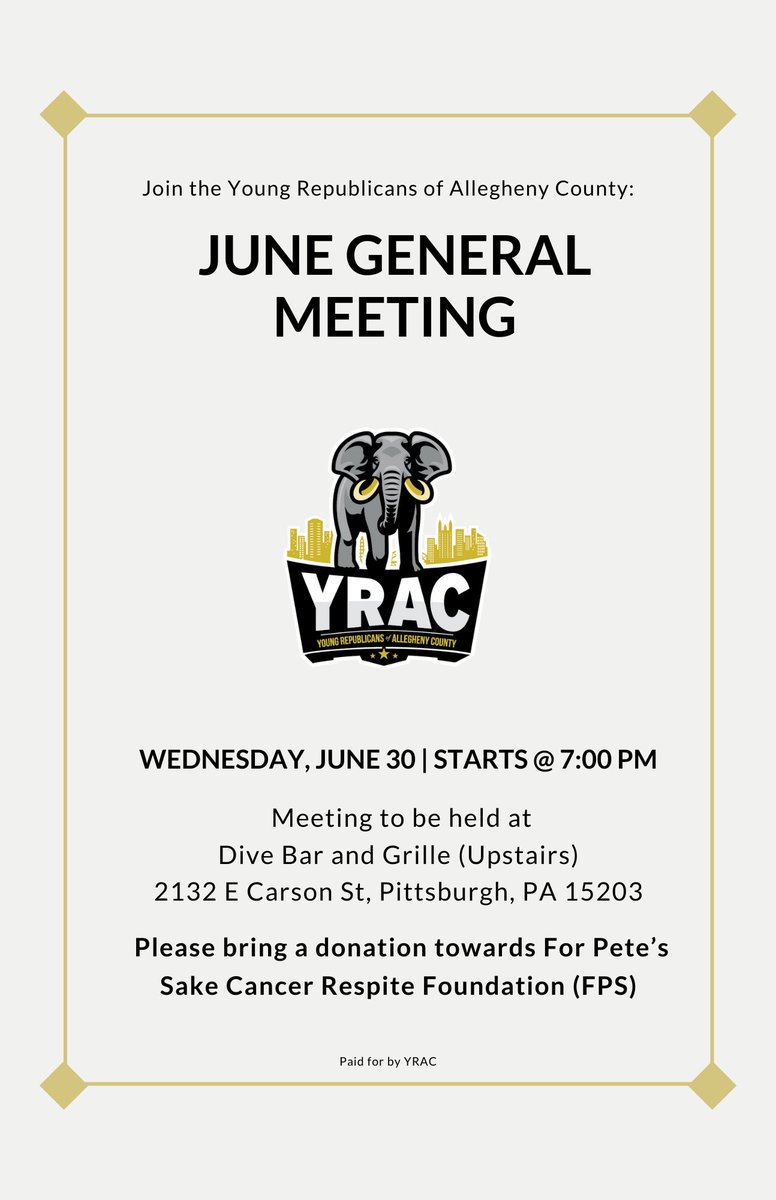Allegheny_YRS's tweet photo. Join us Wednesday, June 30th at 7 PM for our monthly Meeting! Meeting will be held at Dive Bar and Grille Southside.

Please also bring a donation for our @payrs charity of the month For Pete's Sake Cancer Respite Foundation in honor of Makala Ashmar! https://t.co/R5rLoXSVJA