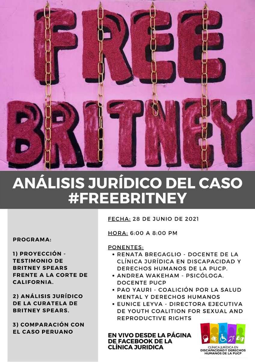 #FreeBritney
Este lunes 28 a las 6 pm (GTM-5) conversaremos sobre el testimonio de Britney dado en su audiencia de curatela. El conversatorio se transmitirá en vivo por facebook.com/discapacidadpu…