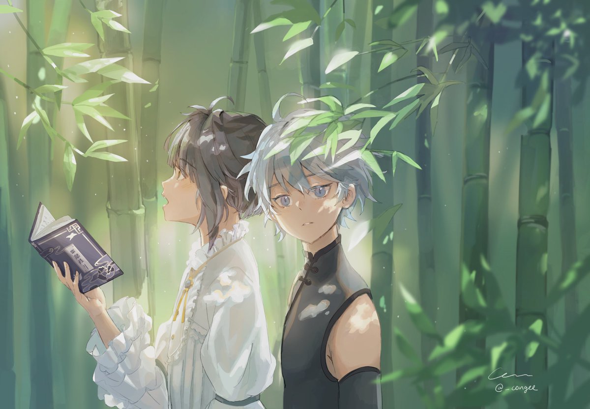 chongyun (genshin impact) ,xingqiu (genshin impact) multiple boys 2boys bamboo book bamboo forest holding book male focus  illustration images