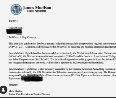 jmhs's tweet image. JMHS grad @grace_maynard_18 shares, "I’m beyond proud of myself fr 😂🥰 I just got my completion letter . @jamesmadisonhigh @ashworthcollege #jamesmadisonhighschool #graduate #hsgraduate🎓 #diploma" #GoalGetters