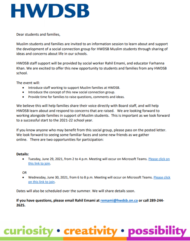 Muslim students and families are invited to an information session to learn about and support the development of a social connection group for Muslim students.

We are excited to offer this opportunity to students and families from any HWDSB school.

More: hwdsb.on.ca/blog/social-co…