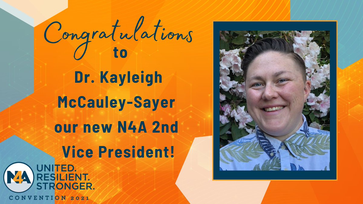Thrilled to announce that the membership has spoken and Dr. Kayleigh McCauley-Sayer <a href="/DrKayMcCauley/">Kayleigh McCauley-Sayer</a> will be N4A's newest executive leader! Congratulations, Dr. K! 🎉 #N4A2021 #URS2021