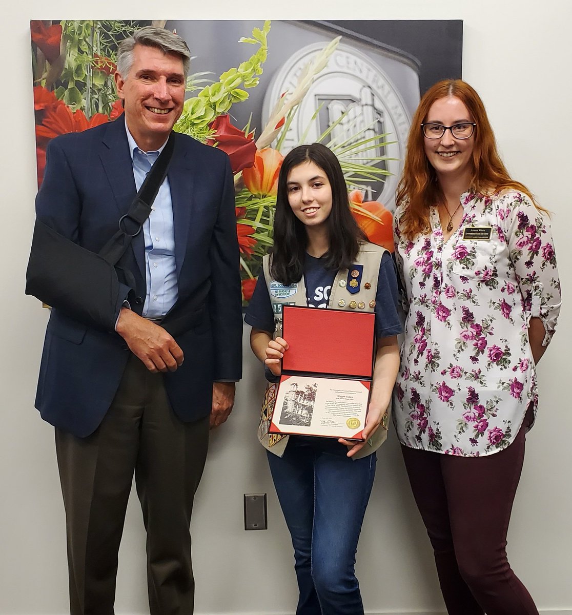 UCMPresident's tweet photo. It was a pleasure to meet Maggie Todaro and hear about her great success in creating a sustainability project to earn a Girl Scouts Silver Award. The program she established collected 265 pounds of printer cartridges @UCentralMO for recycling. Thank you! #OpportunityInAction https://t.co/nqlpz4vLFY